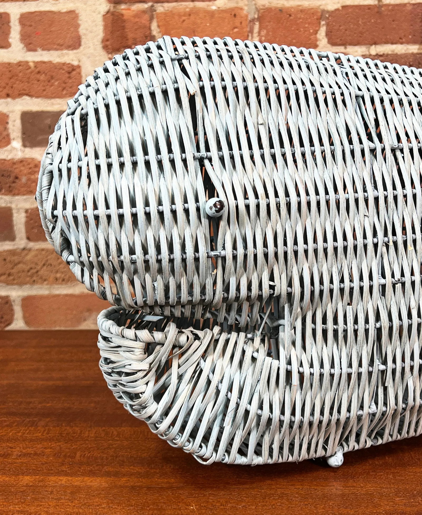 Vintage 1970's Nautical Coastal / BoHo Chic Light Blue Wicker Whale Table Decor - 3