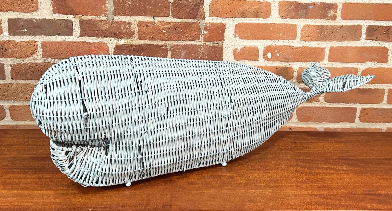 Vintage 1970's Nautical Coastal / BoHo Chic Light Blue Wicker Whale Table Decor - 4