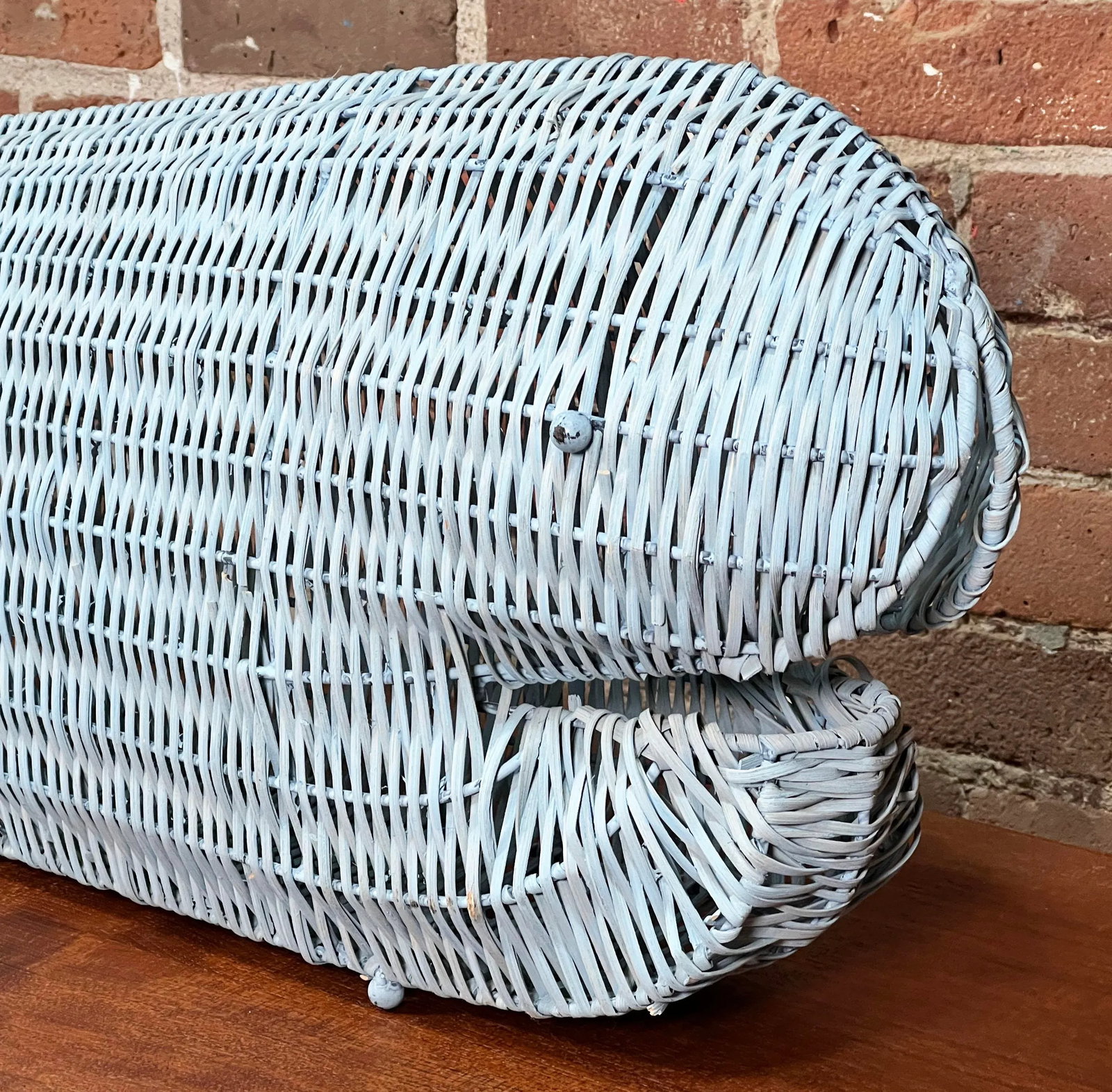 Vintage 1970's Nautical Coastal / BoHo Chic Light Blue Wicker Whale Table Decor - 5