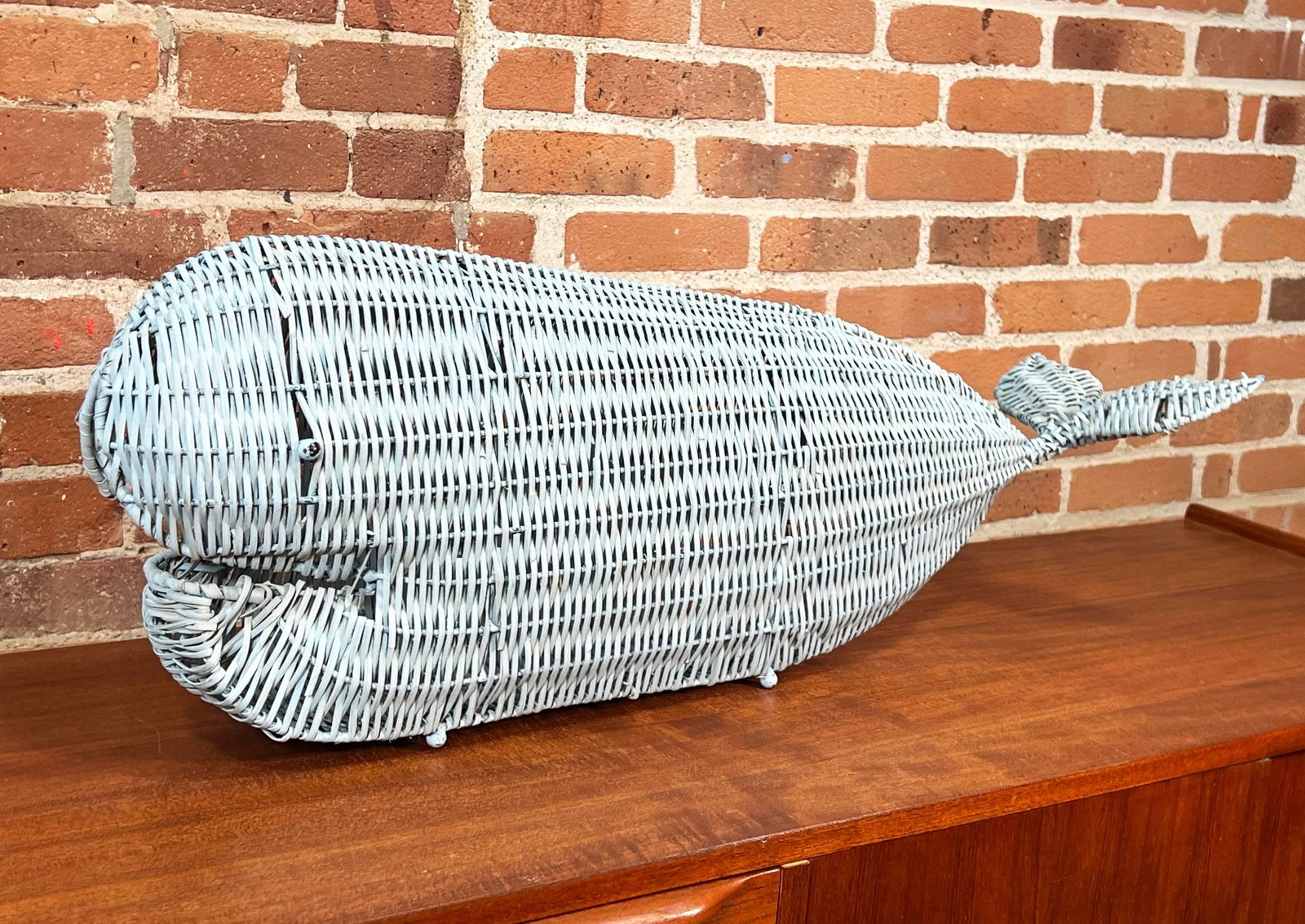Vintage 1970's Nautical Coastal / BoHo Chic Light Blue Wicker Whale Table Decor - 6