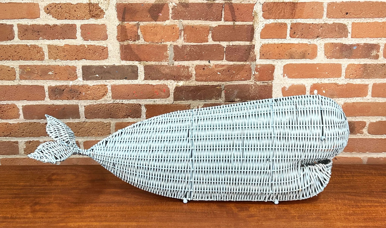 Vintage 1970's Nautical Coastal / BoHo Chic Light Blue Wicker Whale Table Decor - 8