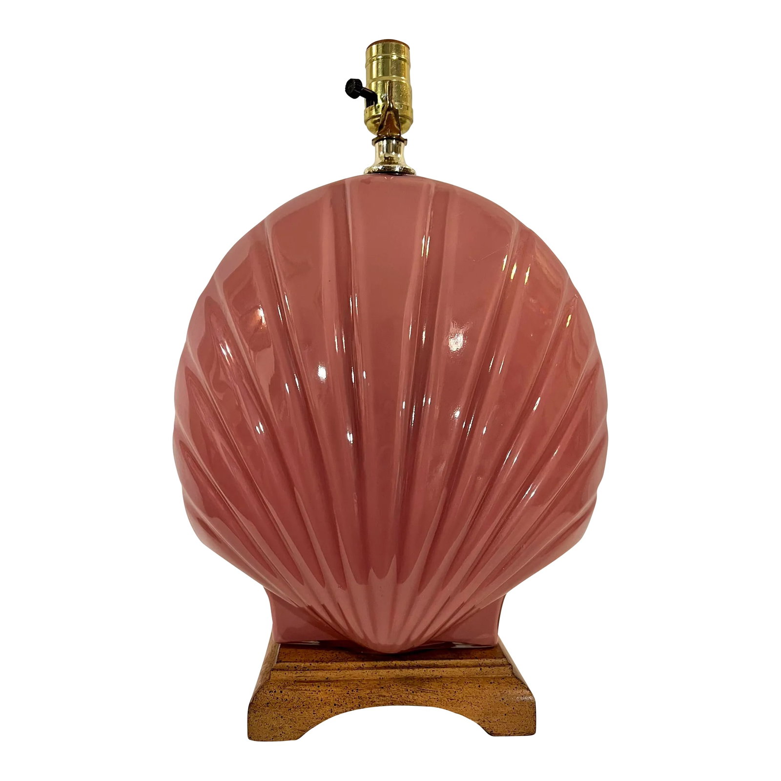 Vintage Coastal Palm Beach Regency Reverse Painted Pink Glass Shell Lamp on Wooden Base: This Vintage Coastal Palm Beach Regency pink fluted sea shell lamp is a true statement piece that will bring a touch of elegance and coastal charm to your space. The delicate fluted sea shell design i