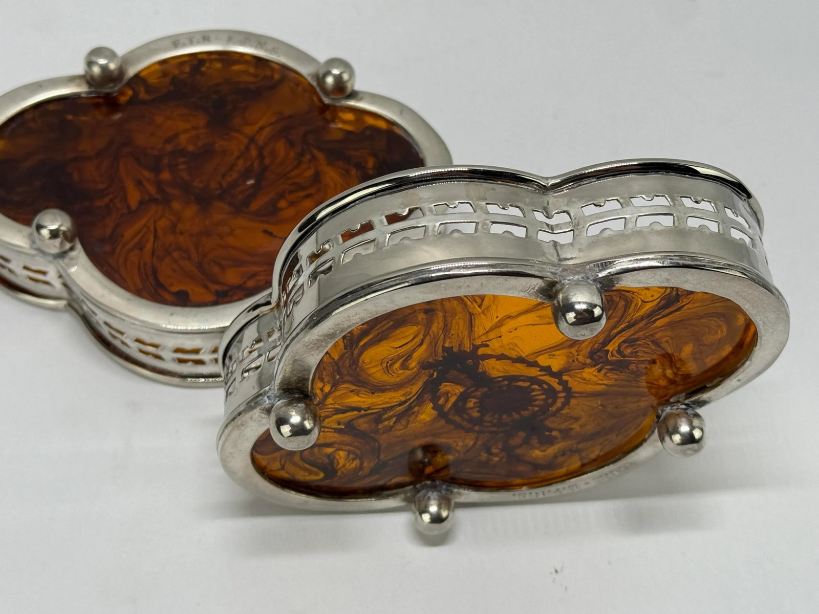 Pair, English Faux Tortoiseshell & Silverplate Gallery Edge Wine Coaster - 2