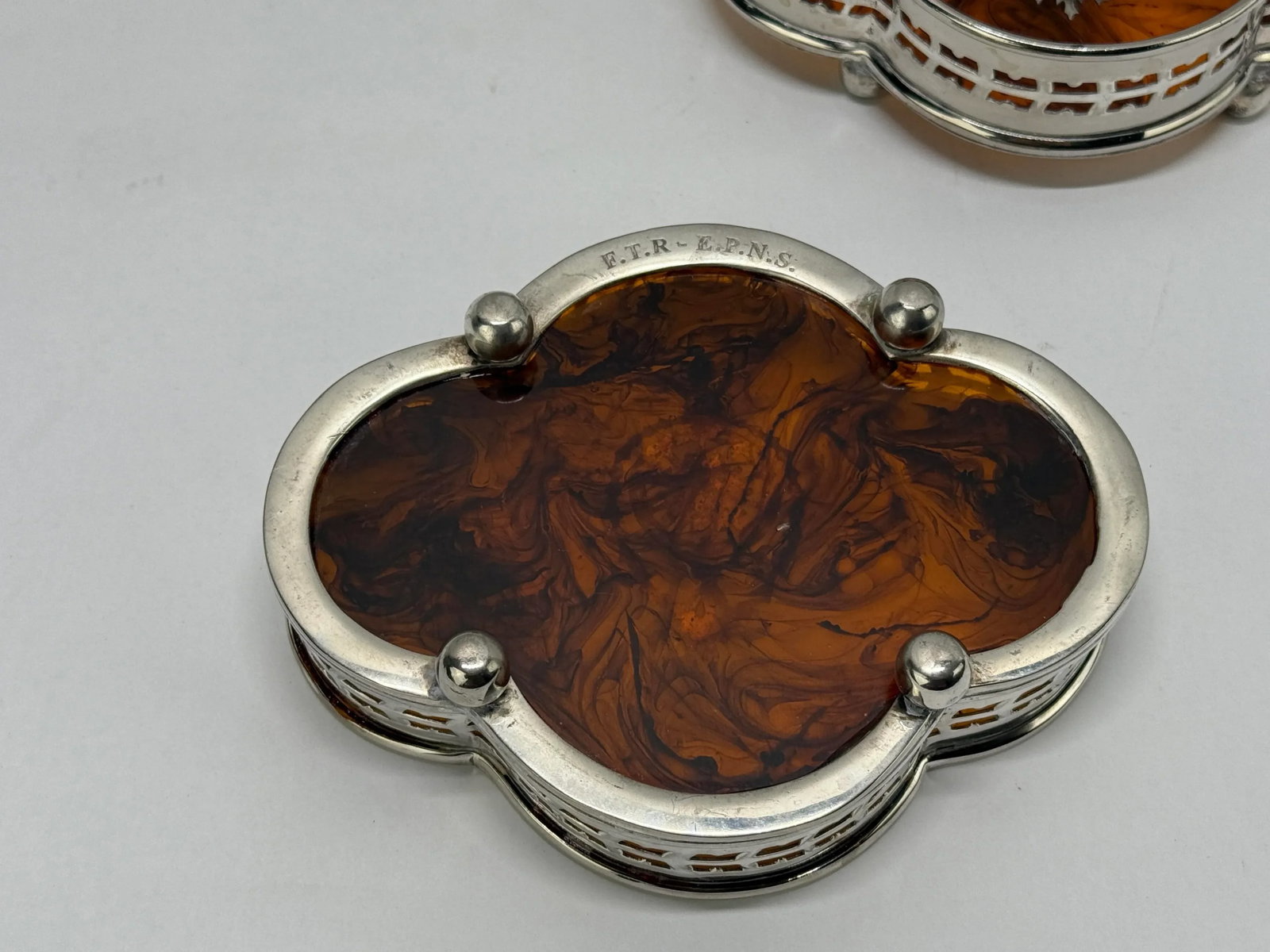 Pair, English Faux Tortoiseshell & Silverplate Gallery Edge Wine Coaster - 3