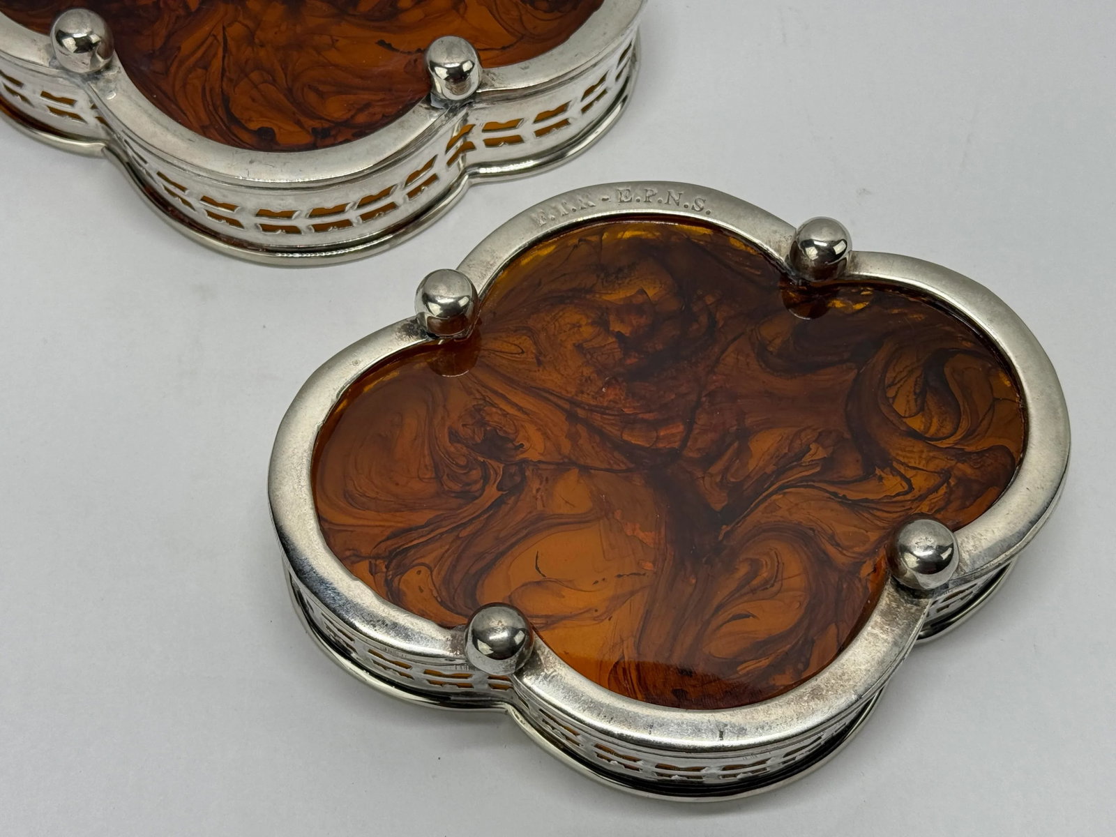 Pair, English Faux Tortoiseshell & Silverplate Gallery Edge Wine Coaster - 4