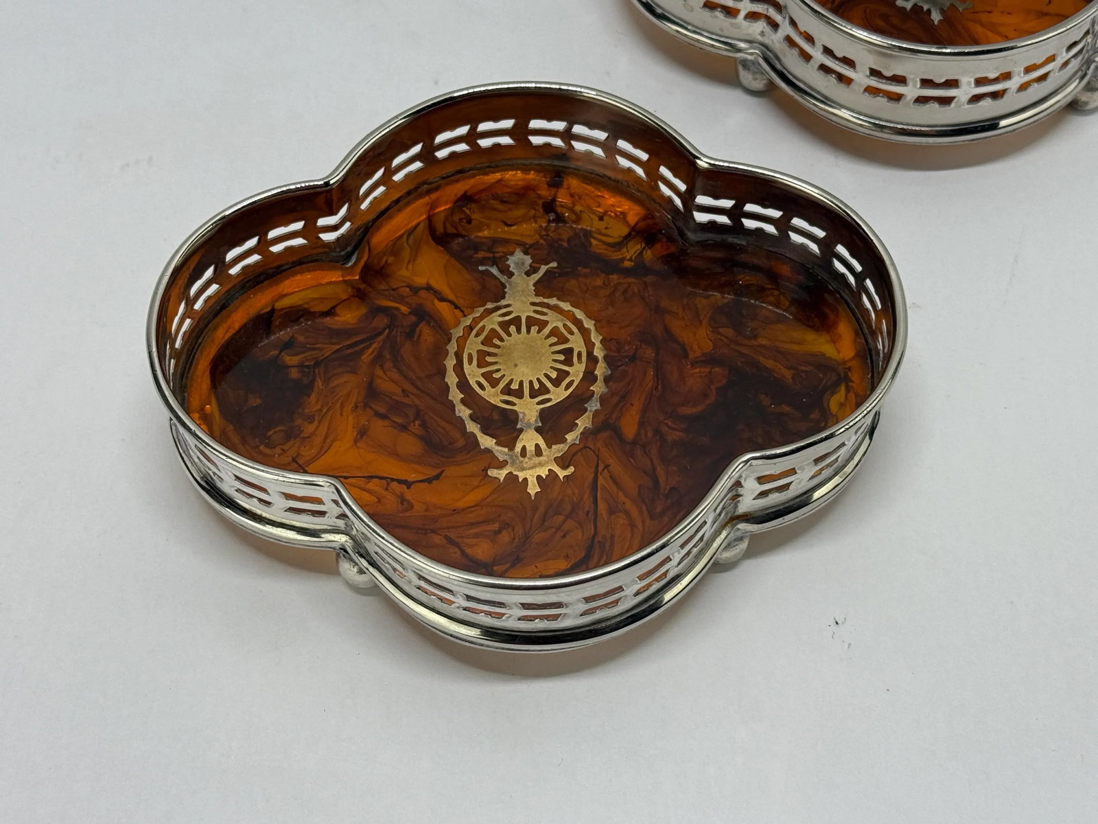 Pair, English Faux Tortoiseshell & Silverplate Gallery Edge Wine Coaster - 5