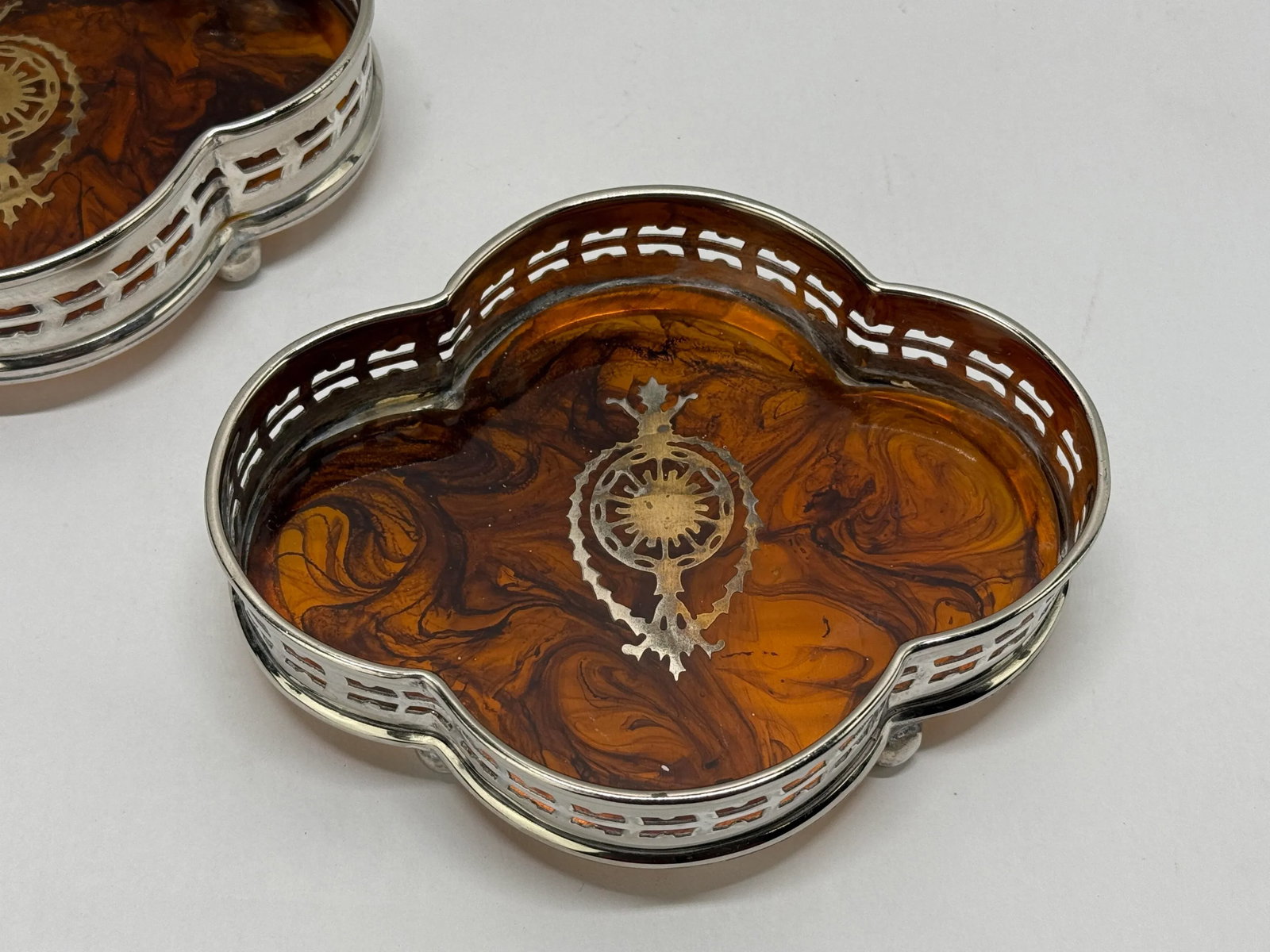 Pair, English Faux Tortoiseshell & Silverplate Gallery Edge Wine Coaster - 6