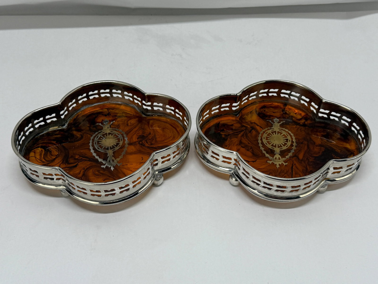 Pair, English Faux Tortoiseshell & Silverplate Gallery Edge Wine Coaster - 7
