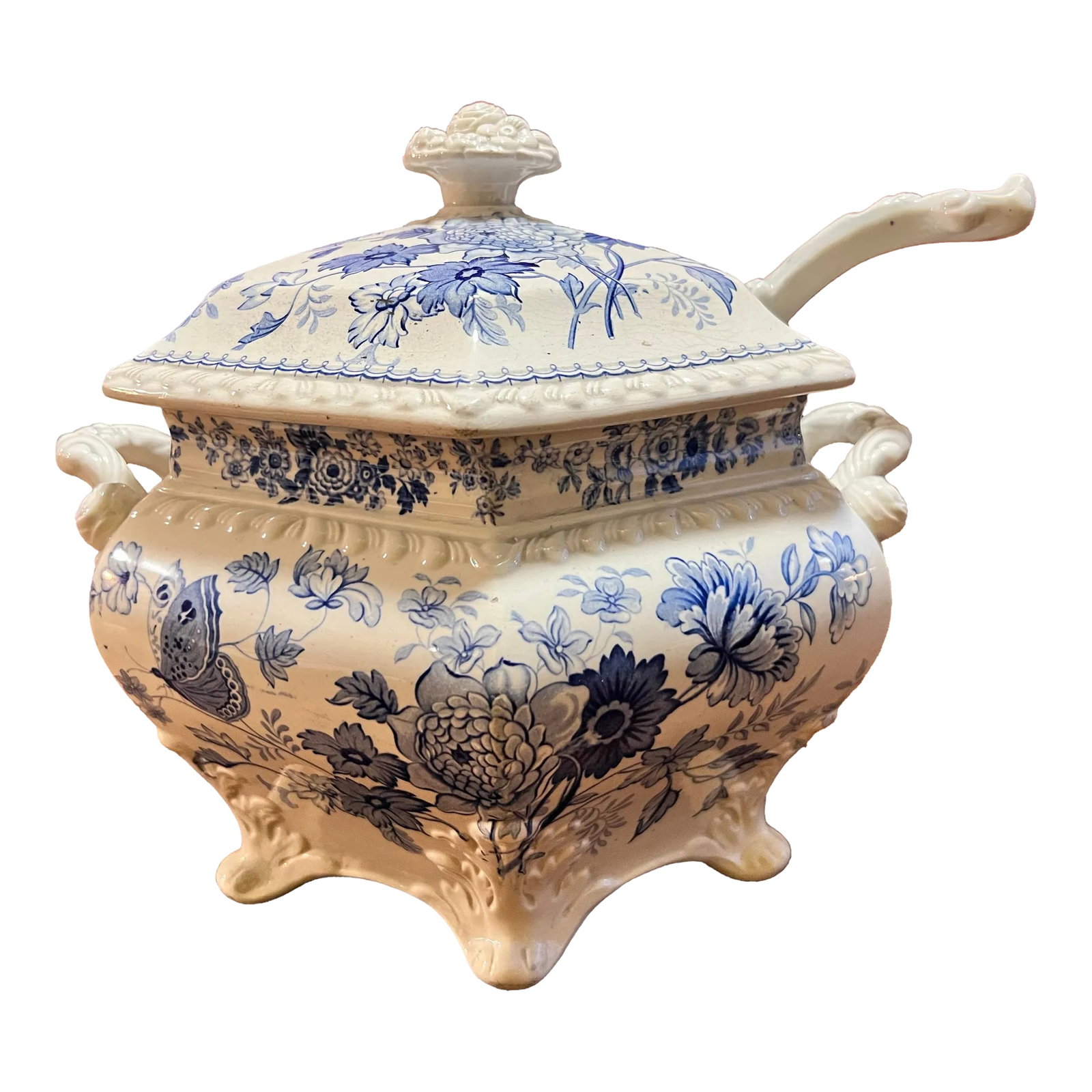 Antique English Staffordshire Blue Transfer Decorated Soup Tureen "Windsor Festoon" (1 of 12)