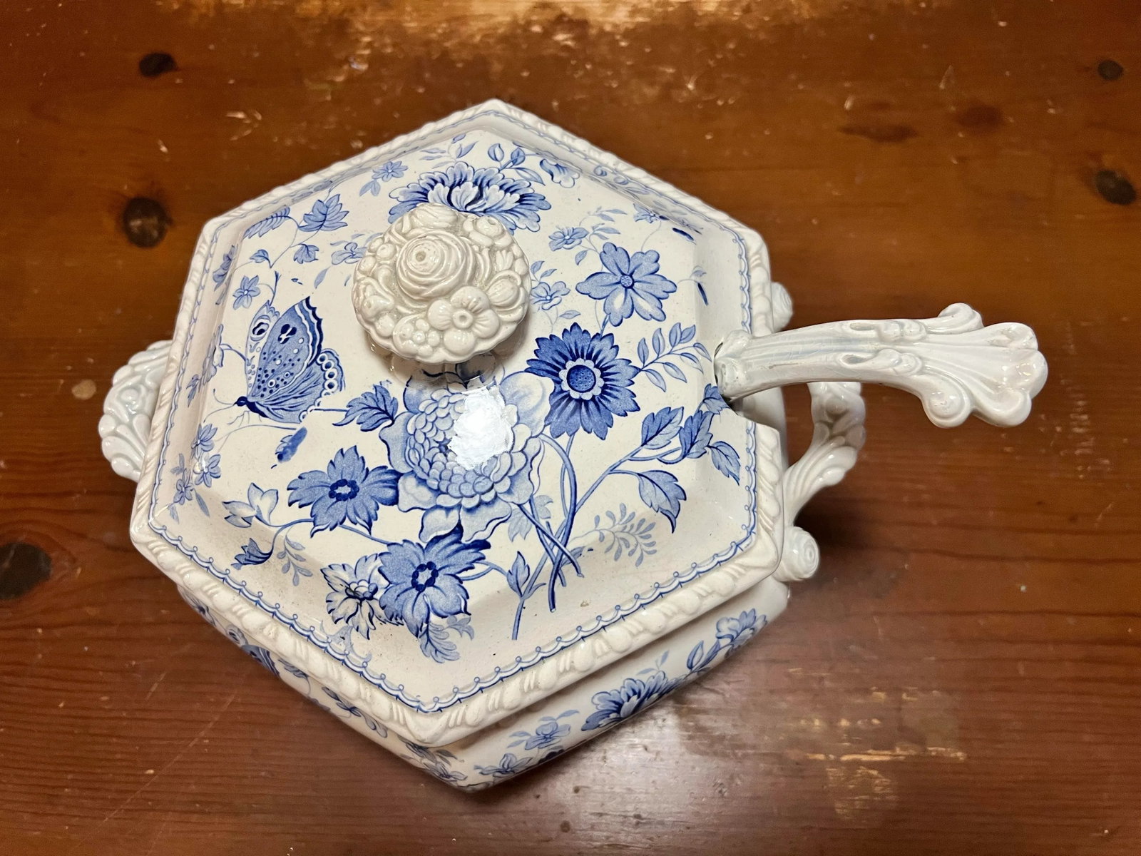 Antique English Staffordshire Blue Transfer Decorated Soup Tureen "Windsor Festoon" - 4