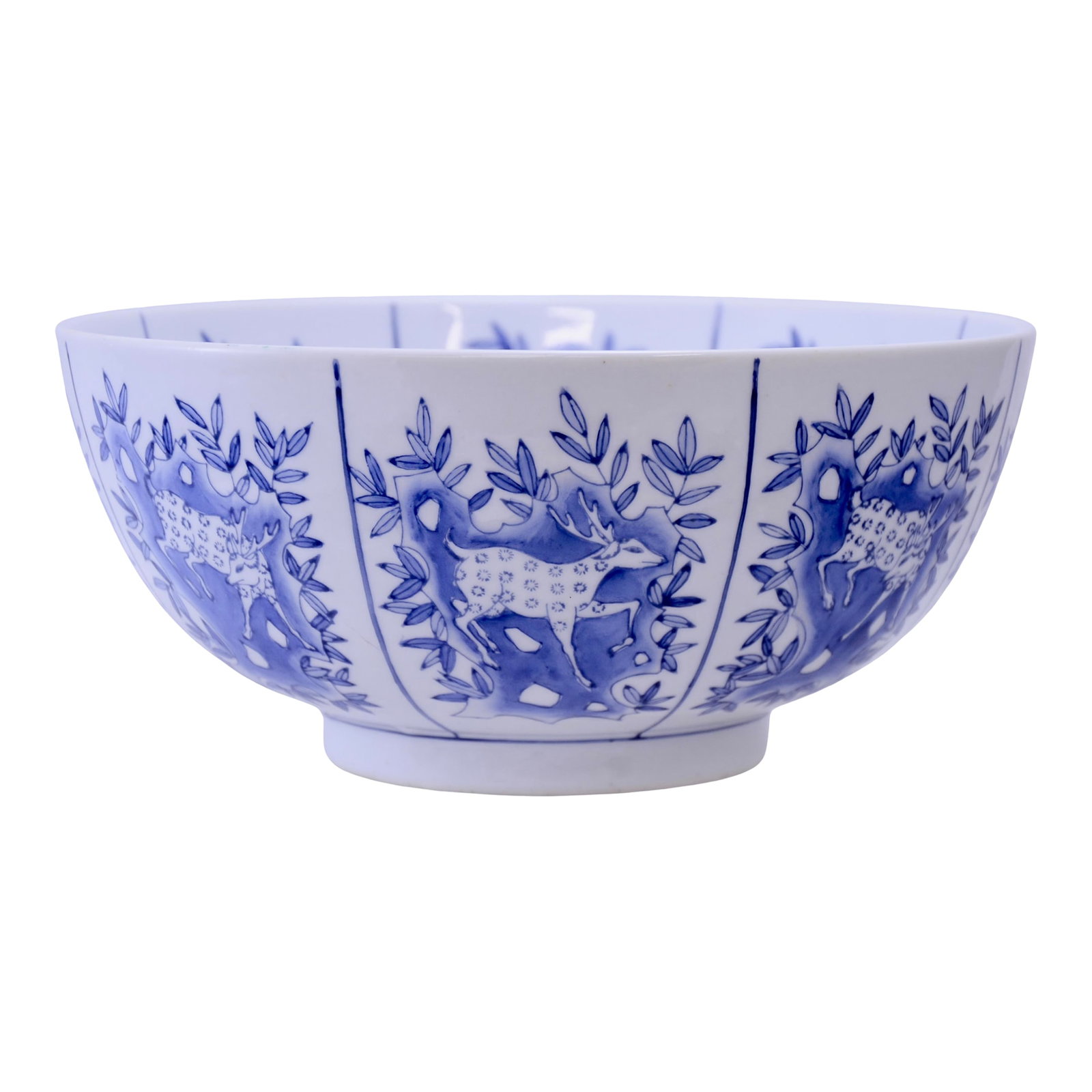 Maitland-Smith 10" Chinoiserie Bowl: Maitland-Smith chinoiserie porcelain 10 inch console bowl with blue and white decorated panels depicting forrest wood land spotted deer and floral design elements. Not for food use. Marked underside. 