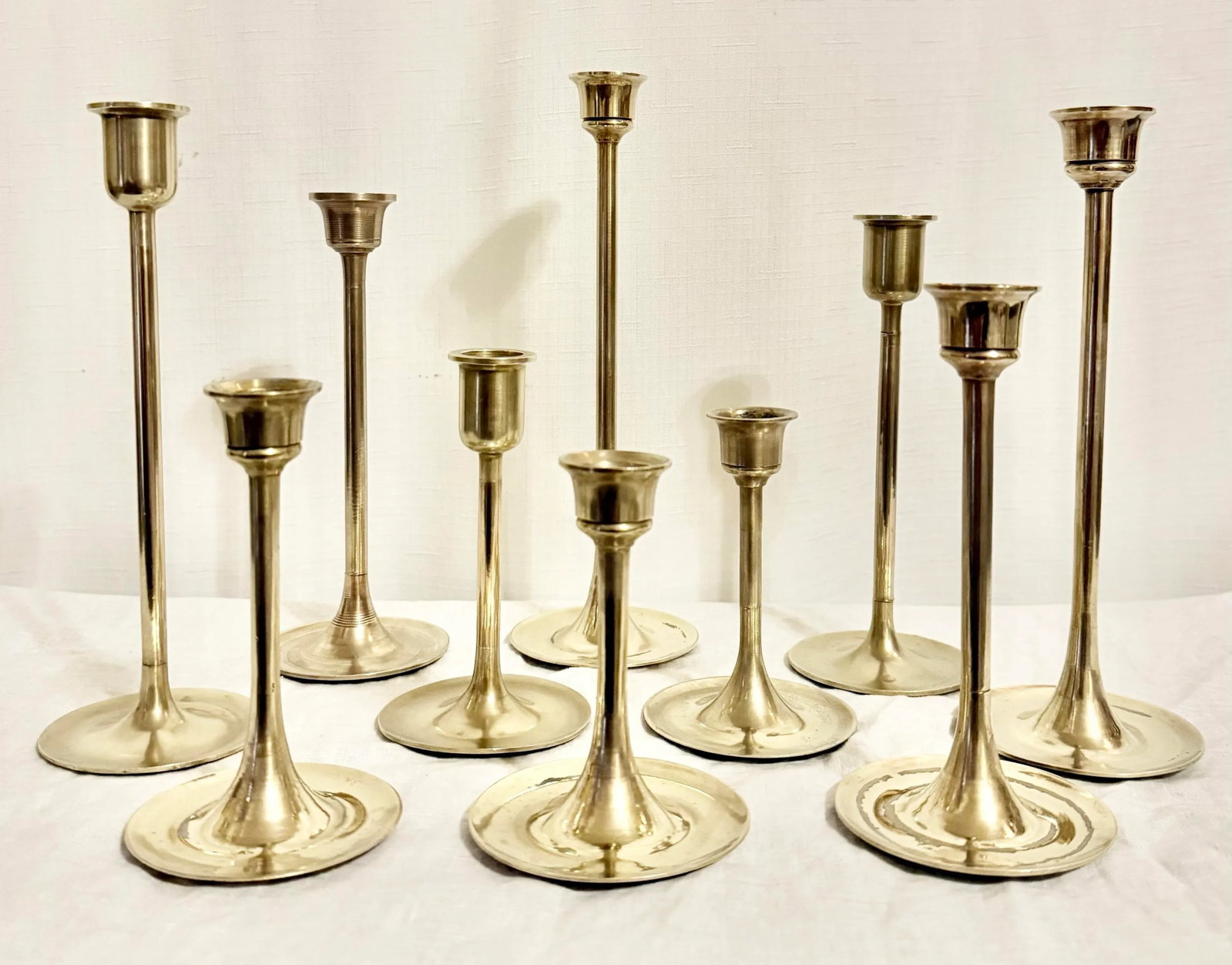 Vintage Curated Collection of Polished Brass Tulip Candlestick Holders - Set of 10 - 2