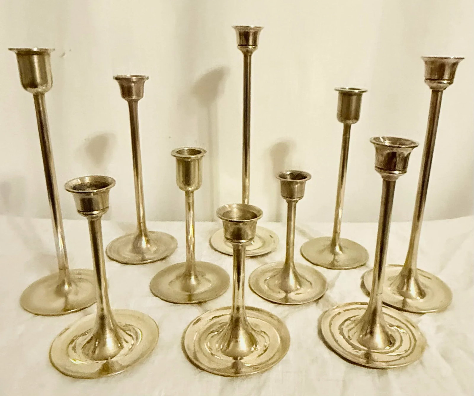 Vintage Curated Collection of Polished Brass Tulip Candlestick Holders - Set of 10 - 3