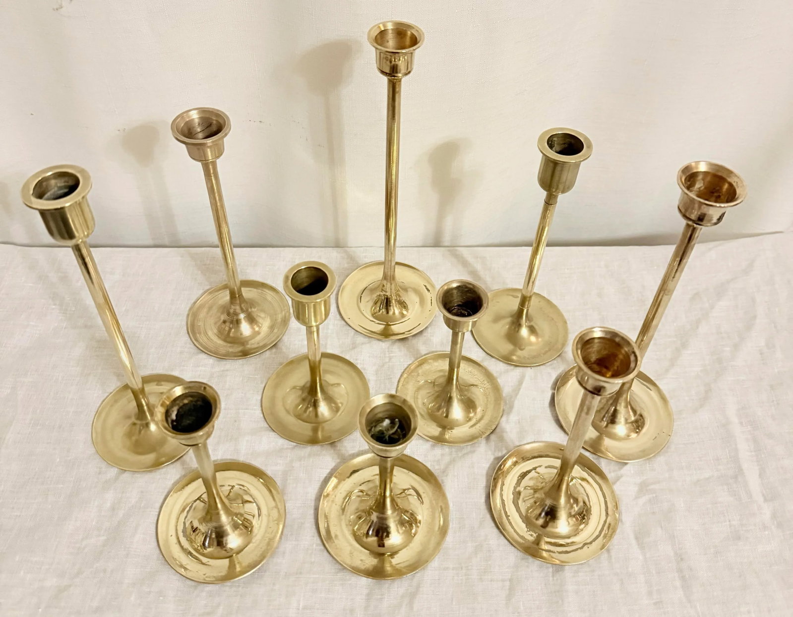 Vintage Curated Collection of Polished Brass Tulip Candlestick Holders - Set of 10 - 4