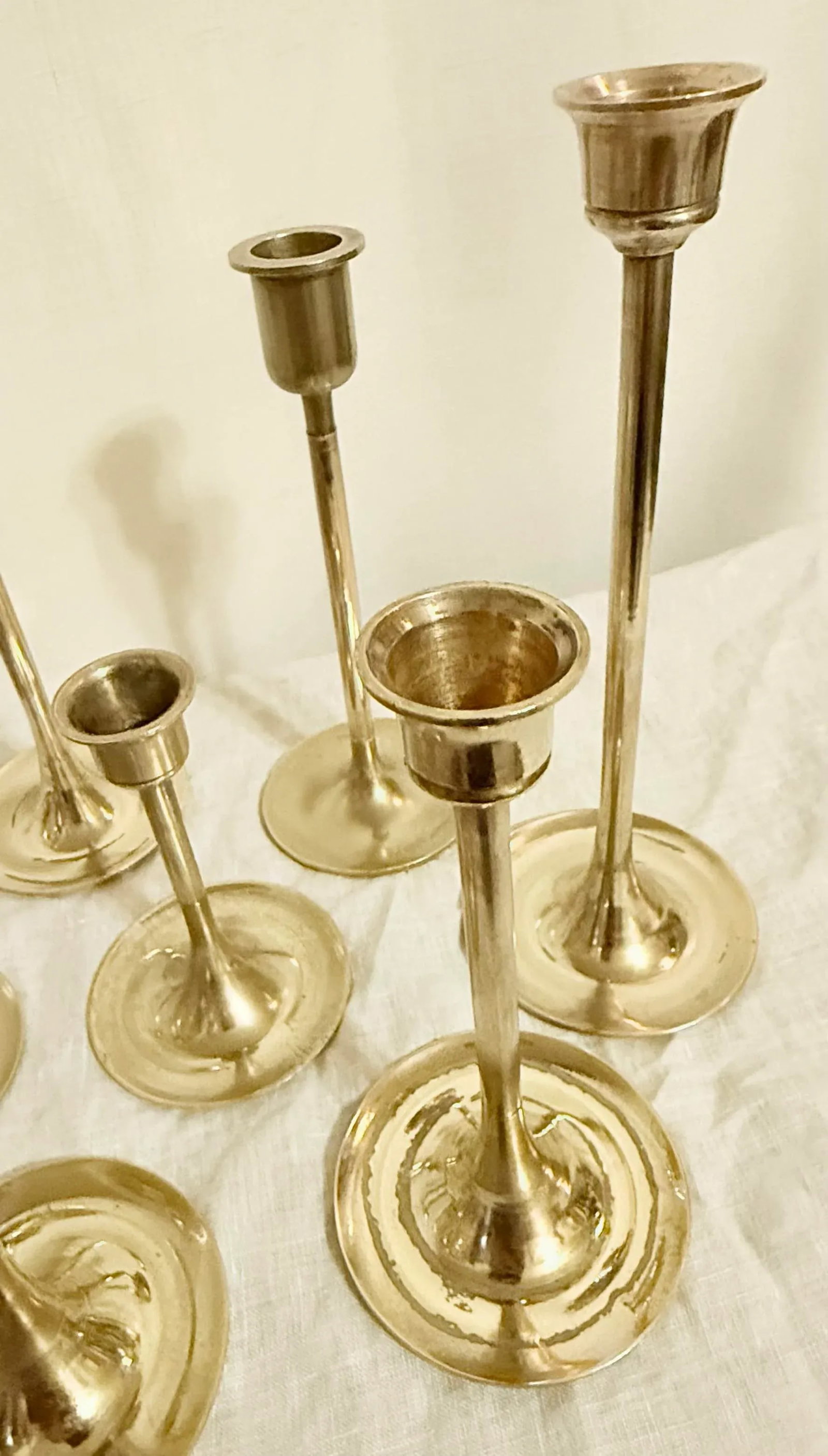 Vintage Curated Collection of Polished Brass Tulip Candlestick Holders - Set of 10 - 5