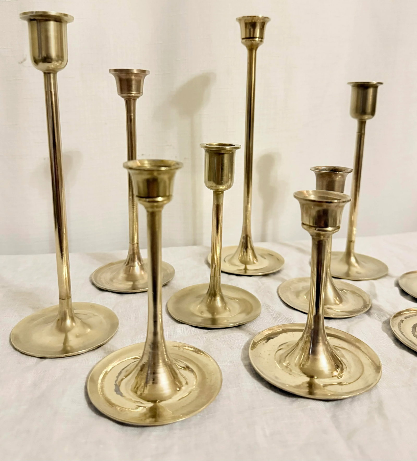 Vintage Curated Collection of Polished Brass Tulip Candlestick Holders - Set of 10 - 6