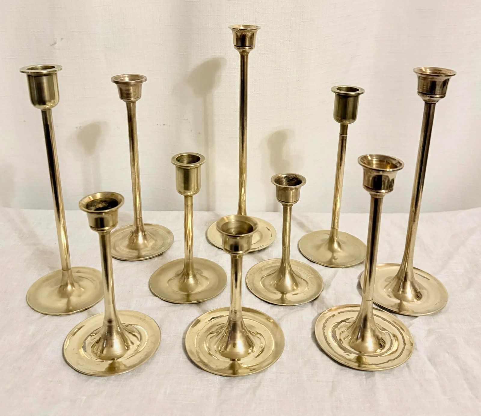 Vintage Curated Collection of Polished Brass Tulip Candlestick Holders - Set of 10 - 7