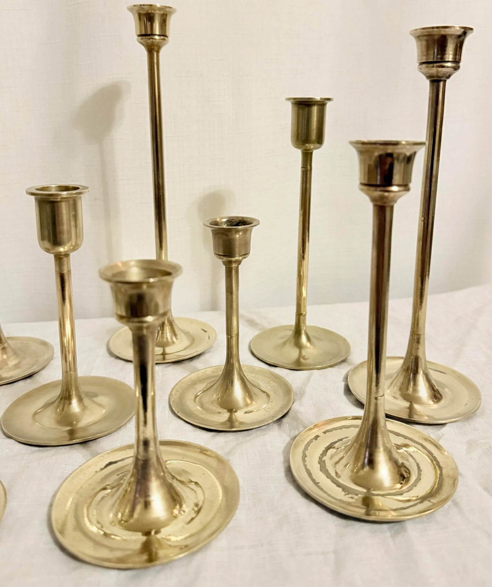 Vintage Curated Collection of Polished Brass Tulip Candlestick Holders - Set of 10 - 8