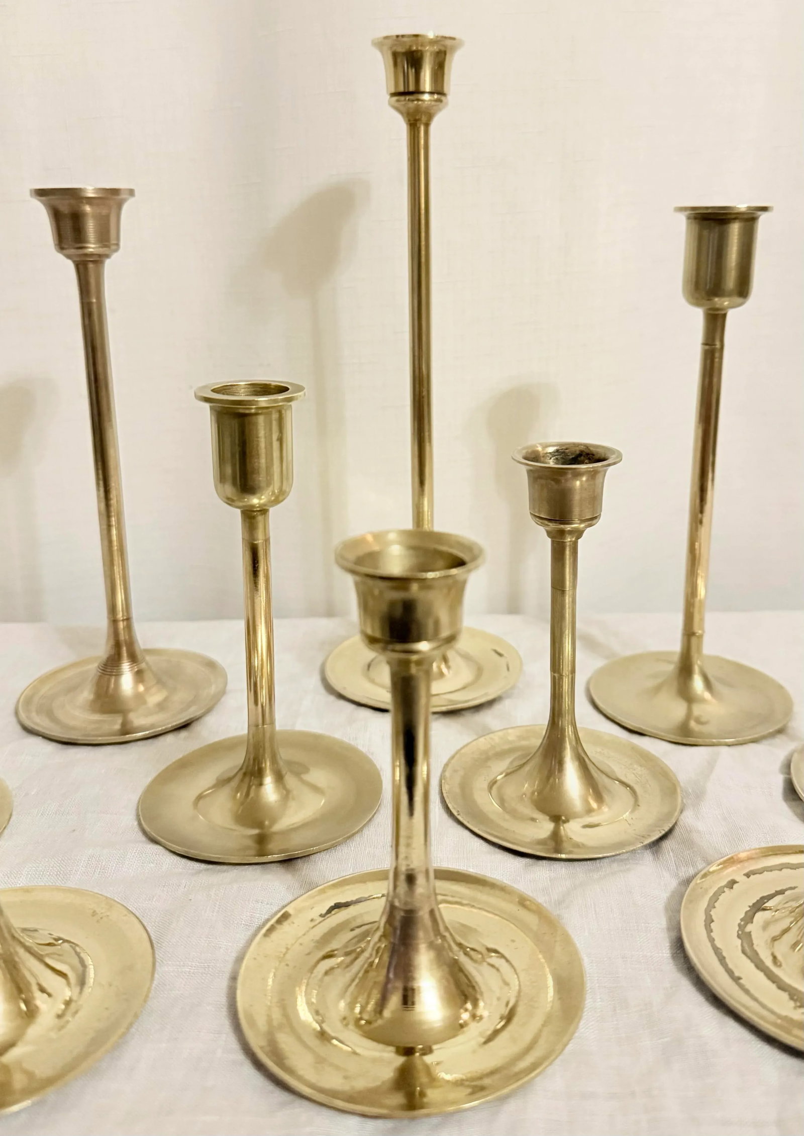 Vintage Curated Collection of Polished Brass Tulip Candlestick Holders - Set of 10 - 9