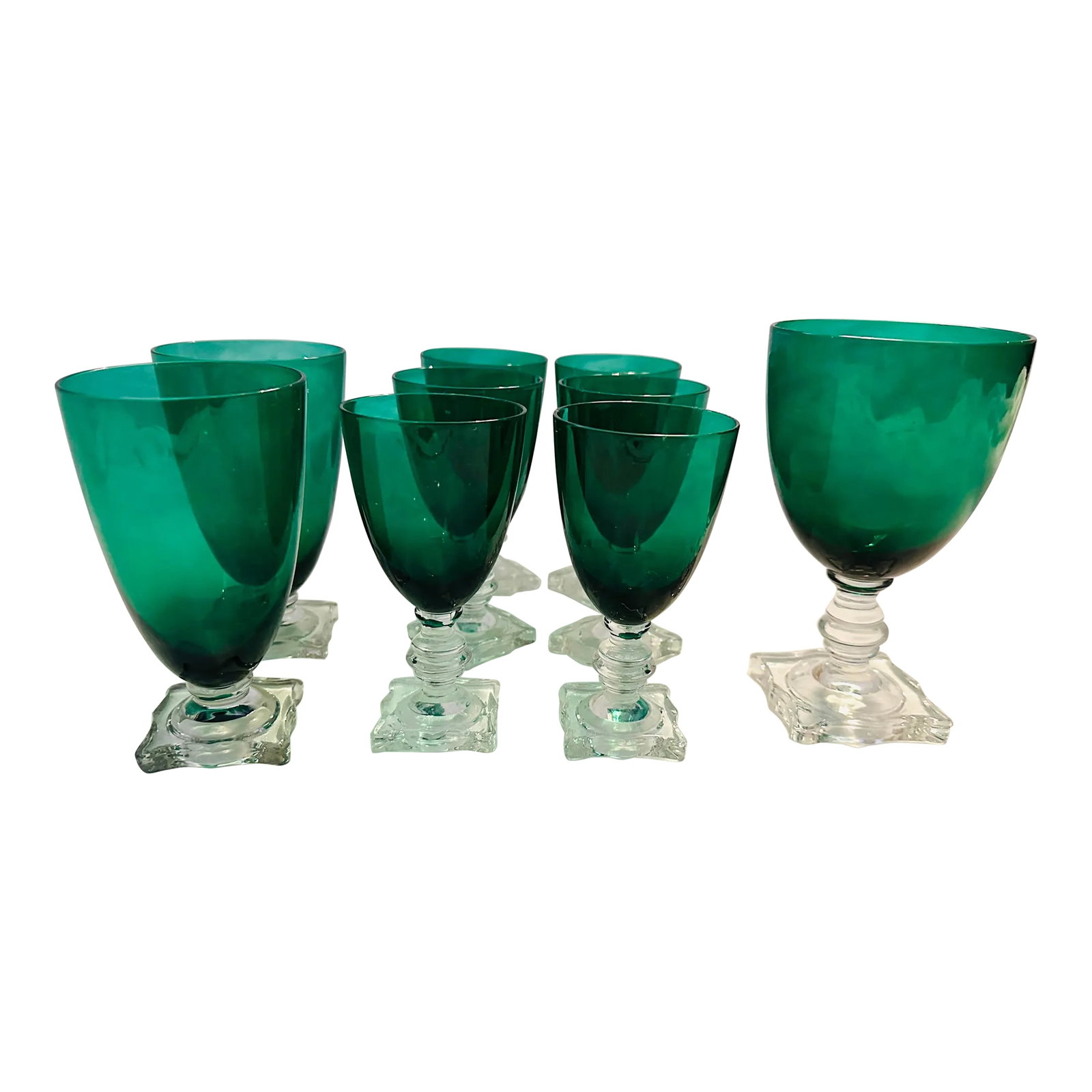 Seneca Handblown Crystal "903 Green" Glassware Set of 9: Vintage set of Seneca "903 Green" Glassware. Perfect for a Garden Party or Holidays. Blown glass, crystal. I also have matching dessert cups in my listings. 6- 5in h x 2.5w glasses 2- 5.25in h x 3in w