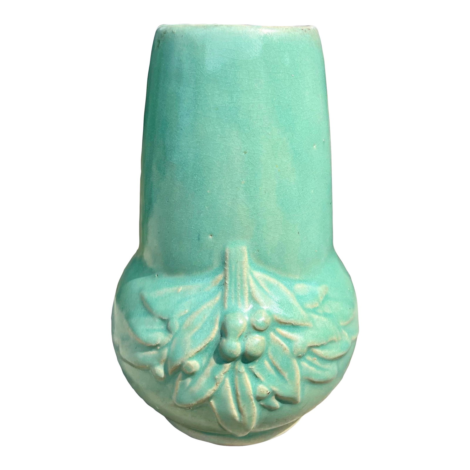1930s McCoy Sage Green Leaves & Berries Art Pottery Vase: Classic early McCoy stoneware vase in a sage green color with embossed design of leaves and berries on both sides. C.1930's. Condition: Alterations: Original Condition Unaltered Imperfections: Some
