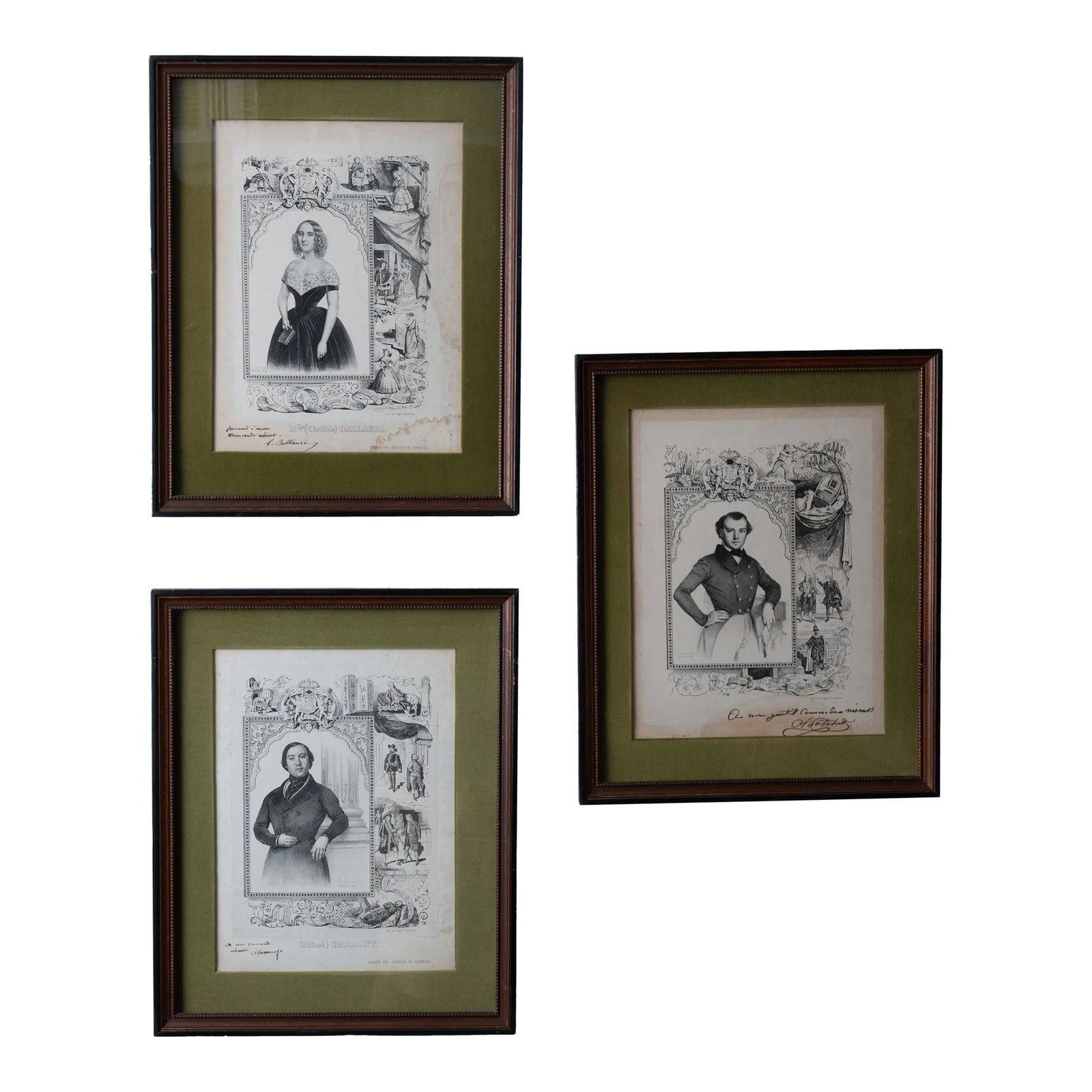 Signed French Actors Lithographs, c.1843: A set of 3 lithographs of French actors signed by the actors, circa 1843. Clotilde Ballauri, Alfred Harmant and another without printed name. sight: 9 1/2 by 12 1/2 inches frame: 13 3/4 by 17 inches
