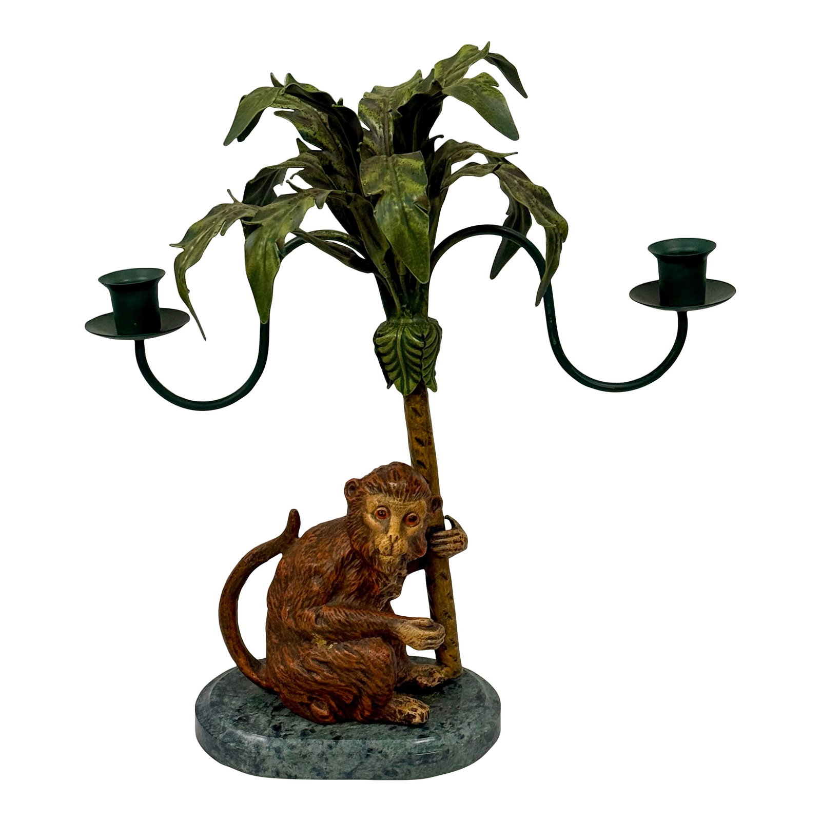 Vintage Petite Choses Monkey and Palm Tree Double Candlestick Holder Candelabra: Introducing the charming "Petite Choses Vintage Monkey and Palm Tree Double Candlestick Holder"-a delightful piece that beautifully combines whimsy and elegance. Imagine adding this unique