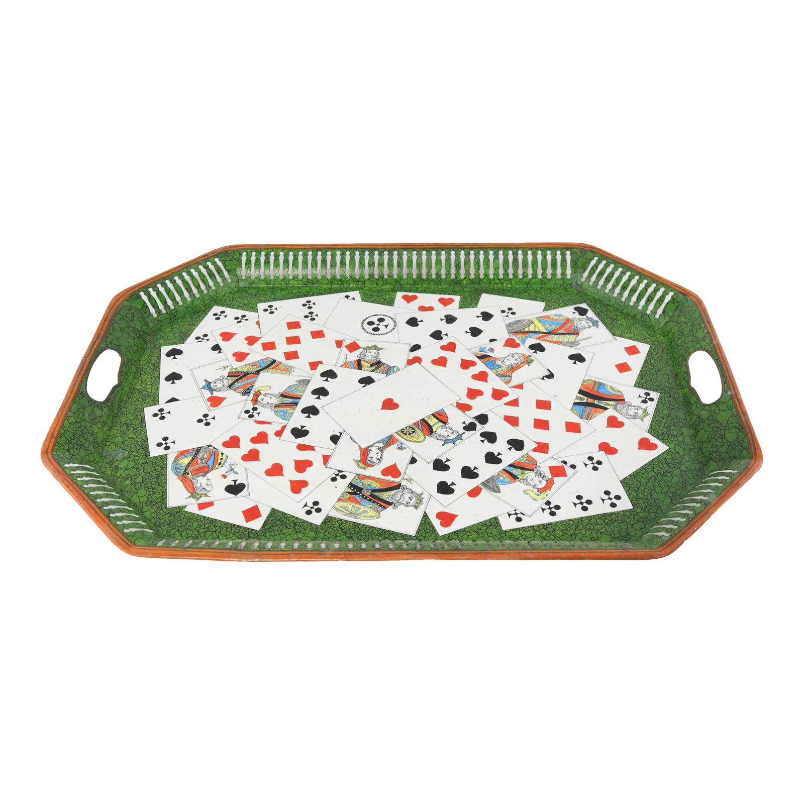 20th Century Hollywood Regency Style Hand-Painted Playing Cards Art Decorative Metal Tray: 20th Century Hollywood Regency Style Hand-Painted Playing Cards Art Decorative Metal Tray Condition: Alterations: Original Condition Unaltered Imperfections: Some Imperfections Condition Notes: The