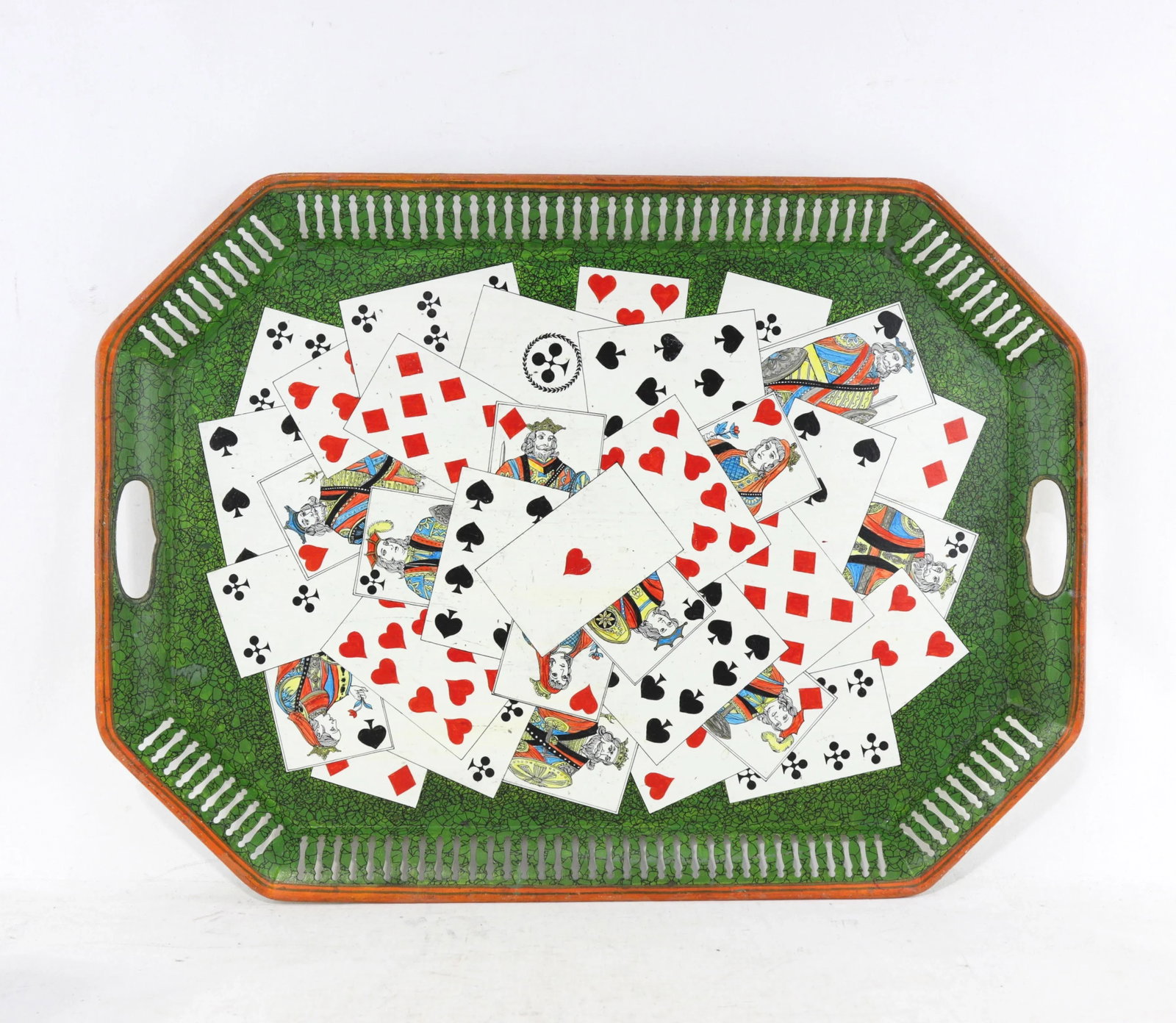 20th Century Hollywood Regency Style Hand-Painted Playing Cards Art Decorative Metal Tray - 3