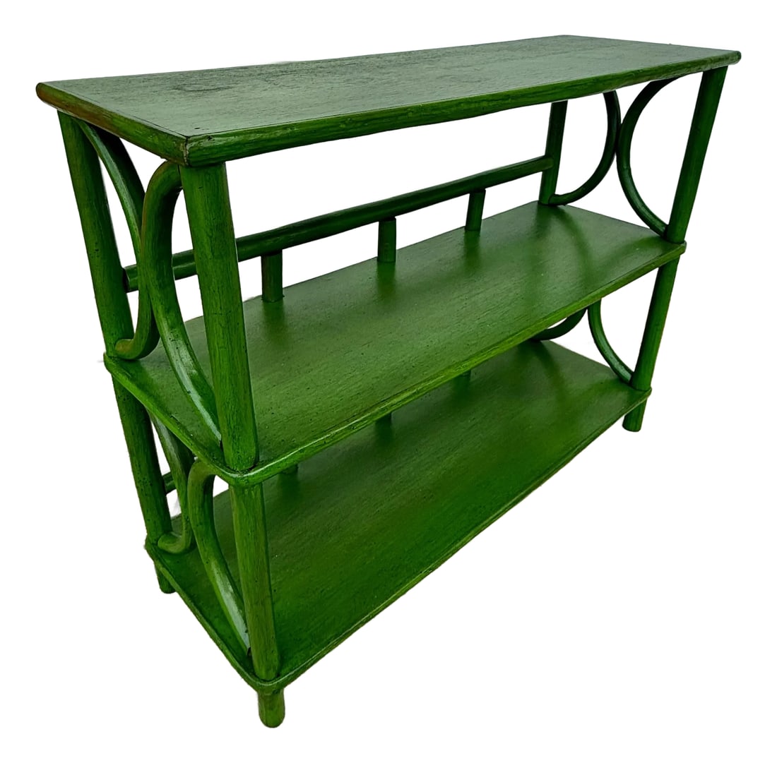 Vintage Rattan Etagere Bookcase Newly Painted Green - Versatile Console & Home Decor Accent: Transform your living space with this Customized Vintage Rattan Two-Tier Bookcase Etagere, newly reimagined in a stunning green in our Turtle and Crane Atelier , bringing a refreshing and vibrant