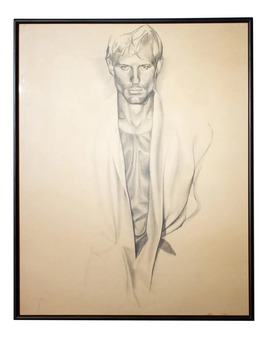 Pencil Drawing of Clovis Ruffin Fashion Designer 1980s: Unsigned drawing of Clovis Ruffin, American fashion designed ( 1946-1992). Acquired from the estate. A fine portrait that is beautifully drawn from the early 1980s. Size of image 23" by 29". The size 