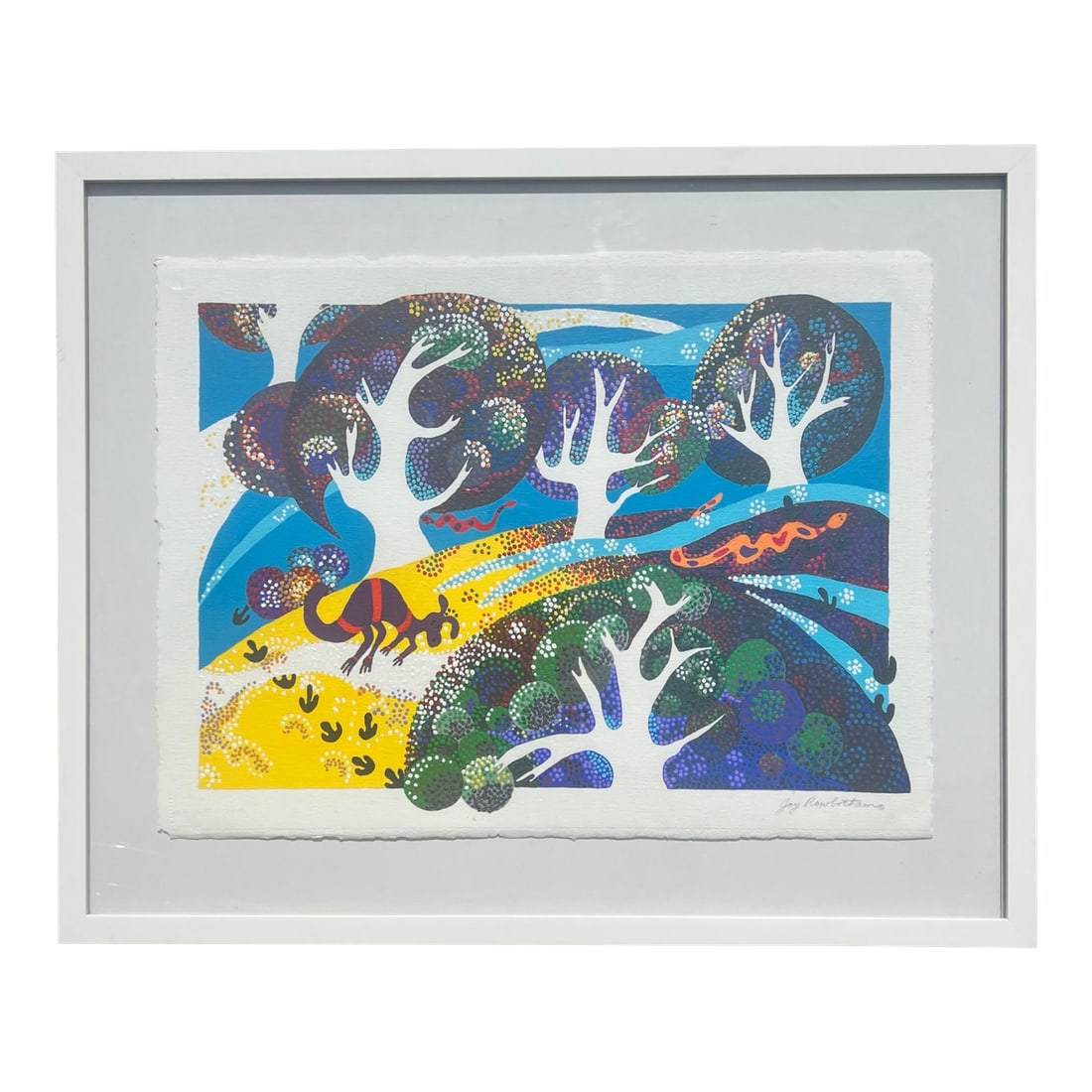 Indiginous Maori Painting by Joy Rowbotham - New Zealand Landscape: This original acrylic painting by New Zealand artist Joy Rowbotham presents a stylized landscape rich with native flora and fauna. The artwork employs intricate dot motifs reminiscent of traditional M
