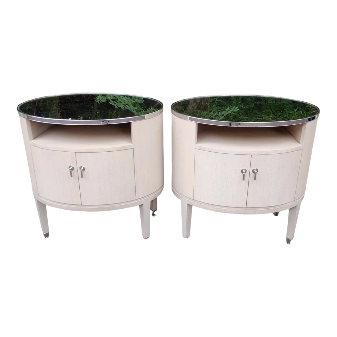 Pair of Century Furniture Company Pirouette Bedside Tables With Silver Trim: Exquisite Pair of Century Furniture Pirouette Side Tables in a neutral pale Gray with Silver Trim. Each has a mirrored top that is easily removable. Shiny silver hardware and excellent storage add to 
