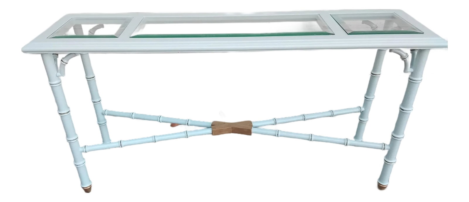 1960s Mid-Century Palm Beach Sofa Table: Who doesn't love vintage faux bamboo, with a modern color twist! This Lane piece has been striped and painted in high gloss Ben Moore paint. Accented in gold leaf. Add just a nice touch of a casual el