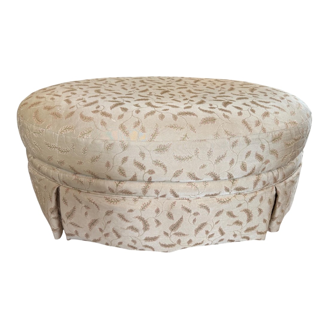 New Century Furniture Floral Cushioned Skirted Ottoman: New Century Furniture Floral Cushioned Skirted Ottoman The skirted base of this ottoman is 12.5in high and has four legs with adjustable height feet. There is a 7in tall cushion that connects to the b