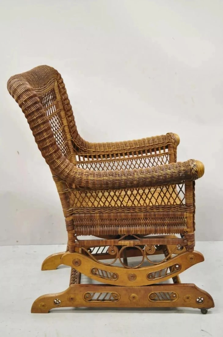 Late 19th Century Antique Heywood Wakefield Victorian Woven Wicker Platform Rocker Rocking Chair - 12