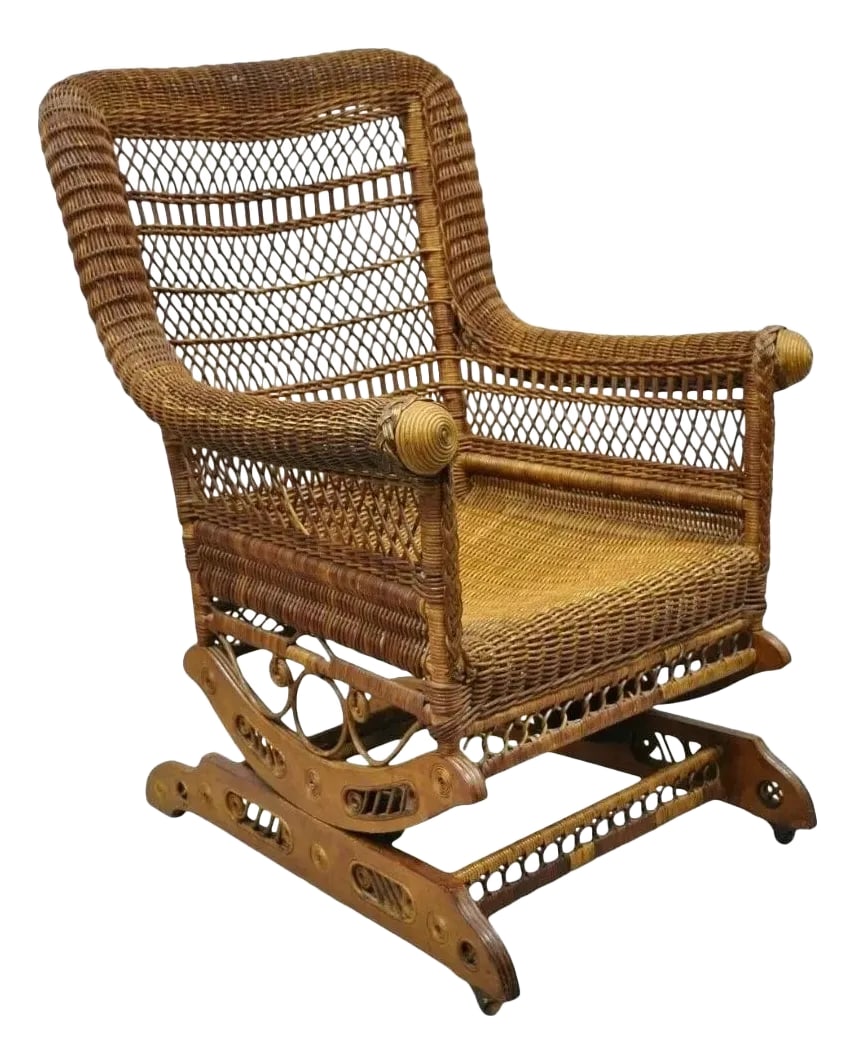 Late 19th Century Antique Heywood Wakefield Victorian Woven Wicker Platform Rocker Rocking Chair: Antique Heywood Wakefield Woven Wicker Victorian Platform Rocker Rocking Chair. Item features a carved wood platform rocker base with rolling casters, ornate woven wicker wrapped frame, rolled arms, r