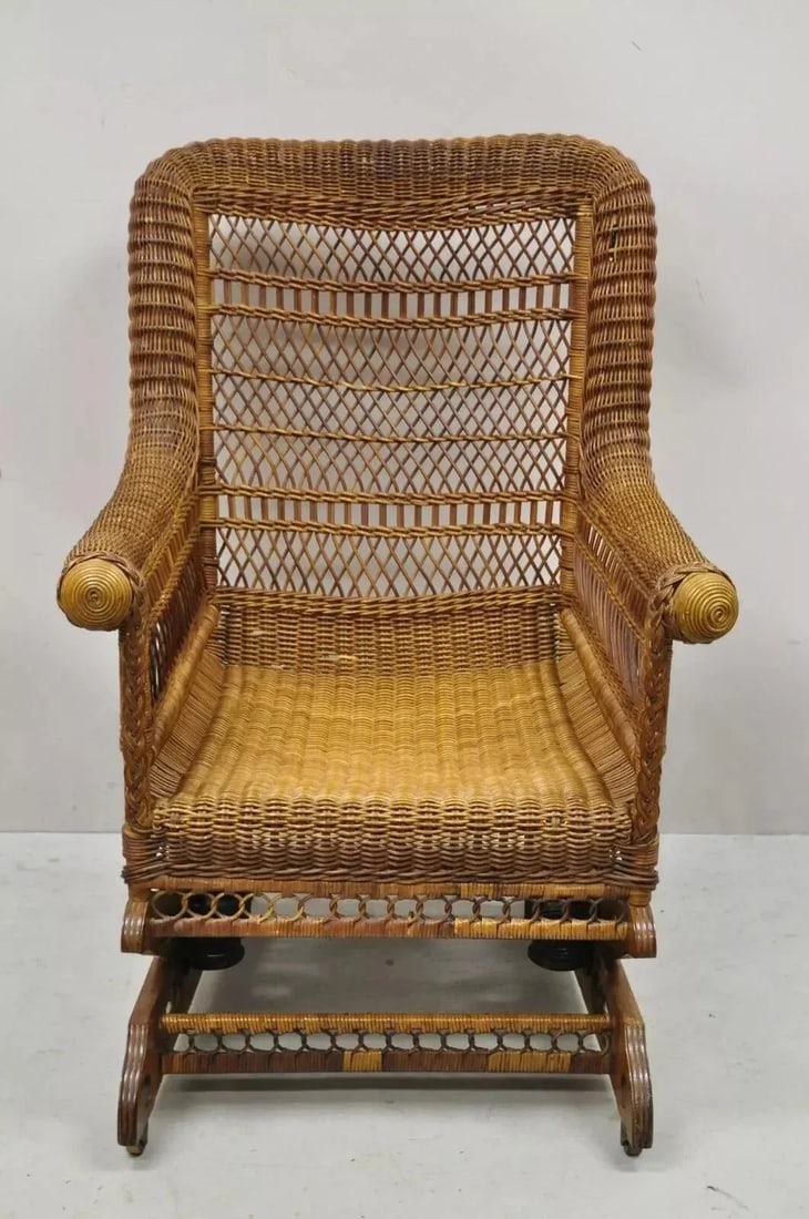 Late 19th Century Antique Heywood Wakefield Victorian Woven Wicker Platform Rocker Rocking Chair - 2
