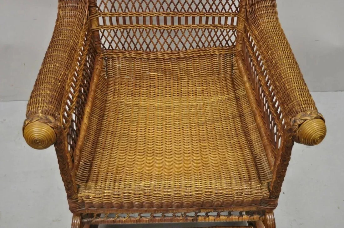 Late 19th Century Antique Heywood Wakefield Victorian Woven Wicker Platform Rocker Rocking Chair - 4