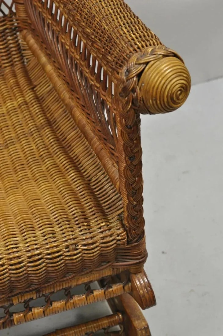 Late 19th Century Antique Heywood Wakefield Victorian Woven Wicker Platform Rocker Rocking Chair - 5