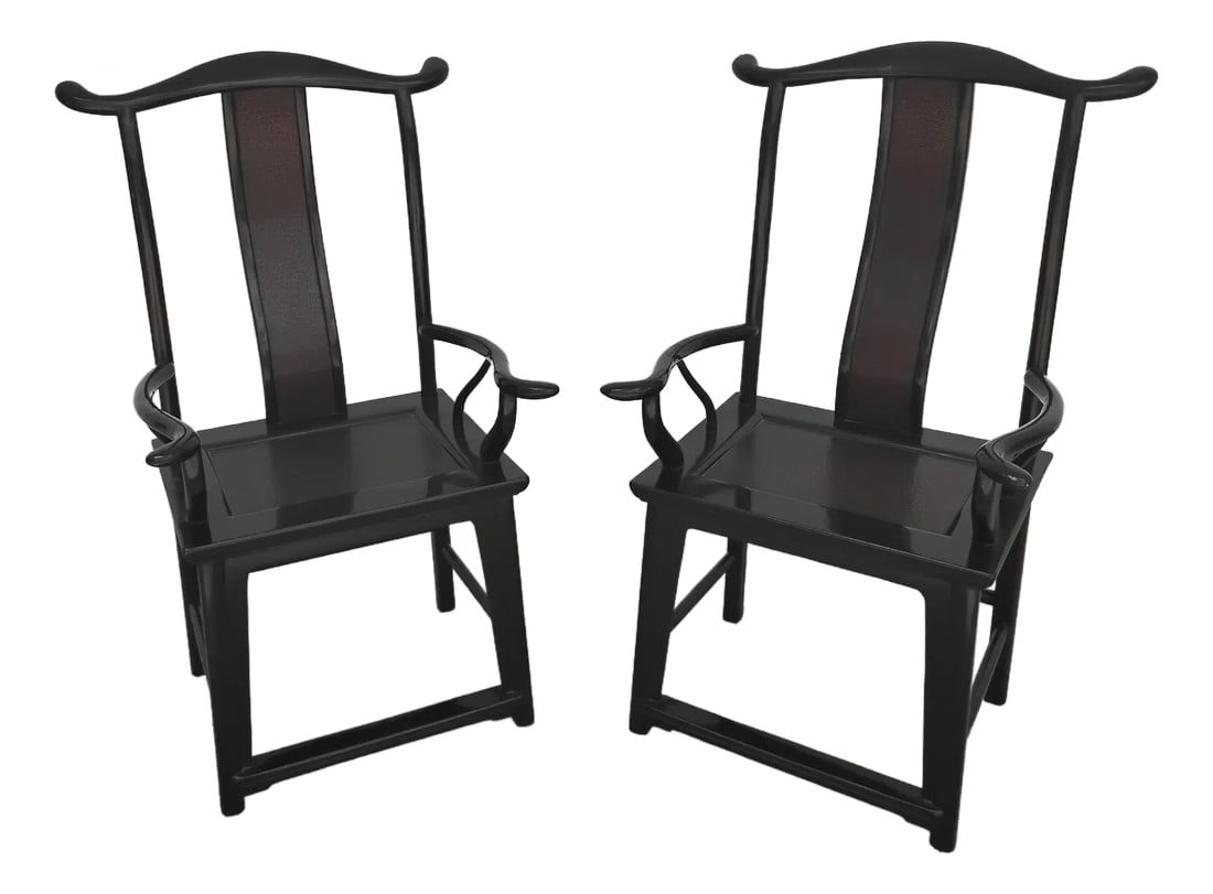 1980s Chinese Yoke Back Lacquer Chairs - Set of 2: Chinoiserie at its finest! Perfect for the ends of dining table or flanked on each side of China cabinet. They are black lacquered all over, except for the back yolk and seat, which is brownish black 