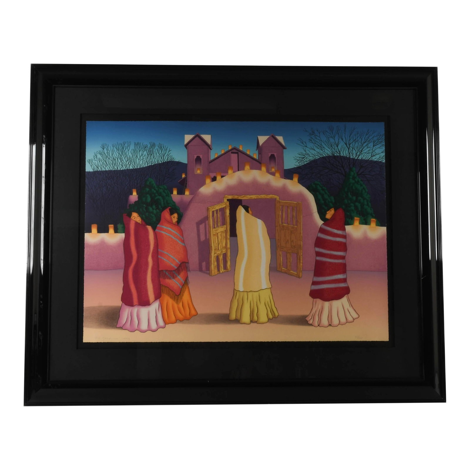 1950s Framed Signed R C Gorman Limited-Edition "Luminarias" Lithograph: This Framed Signed R.C. Gorman Limited-Edition 90/150 "Luminarias" Lithograph presents a vibrant depiction of four women wrapped in richly colored blankets as they gather outside an adobe church