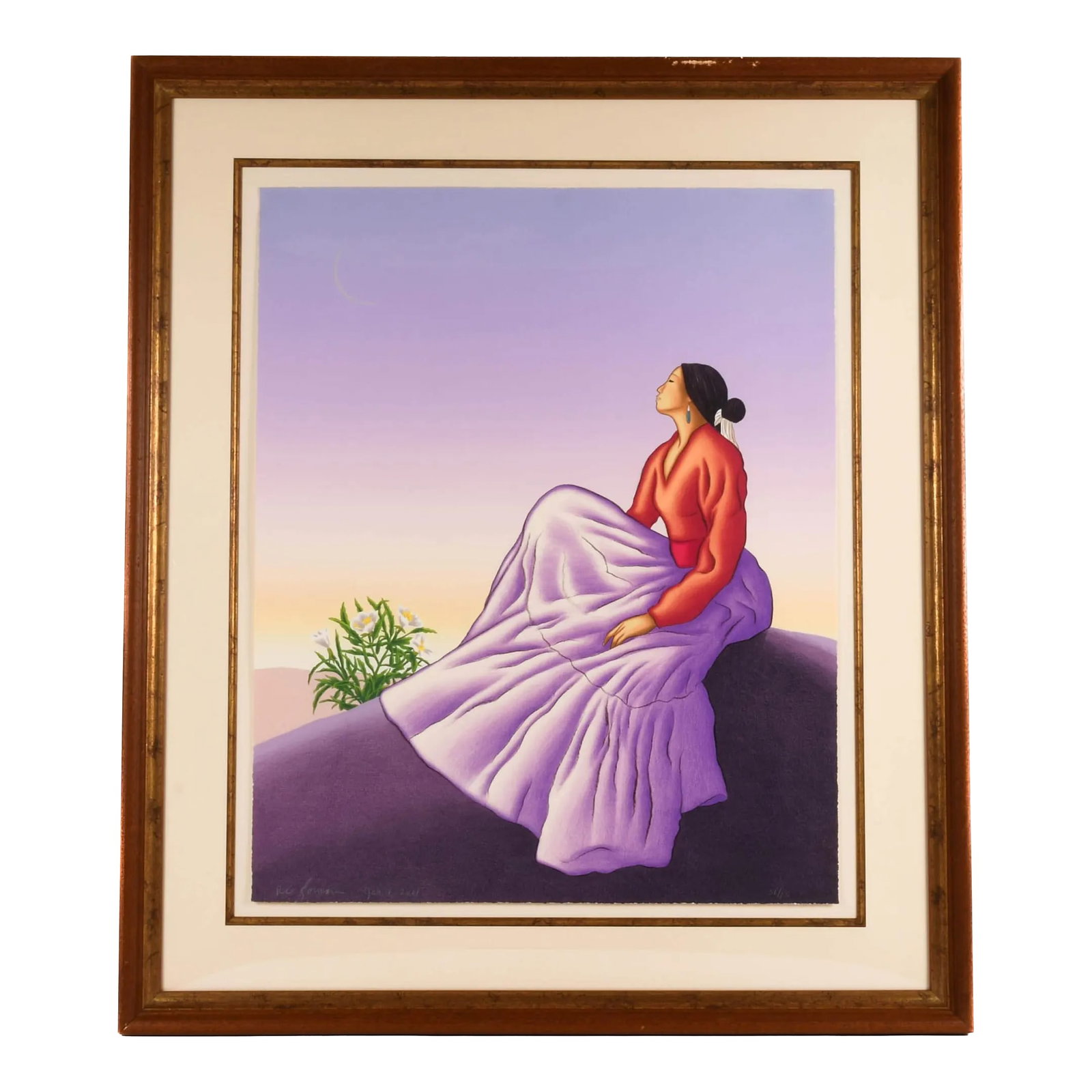 Framed Signed r.c Gorman Limited-Edition 51/75 Lithograph "New Dawn": R.C. Gorman's "New Dawn" (edition 51/75) is a quiet moment rendered in luminous stillness. A seated Navajo woman gazes into the horizon, her soft features bathed in the pale glow of first light. Drape