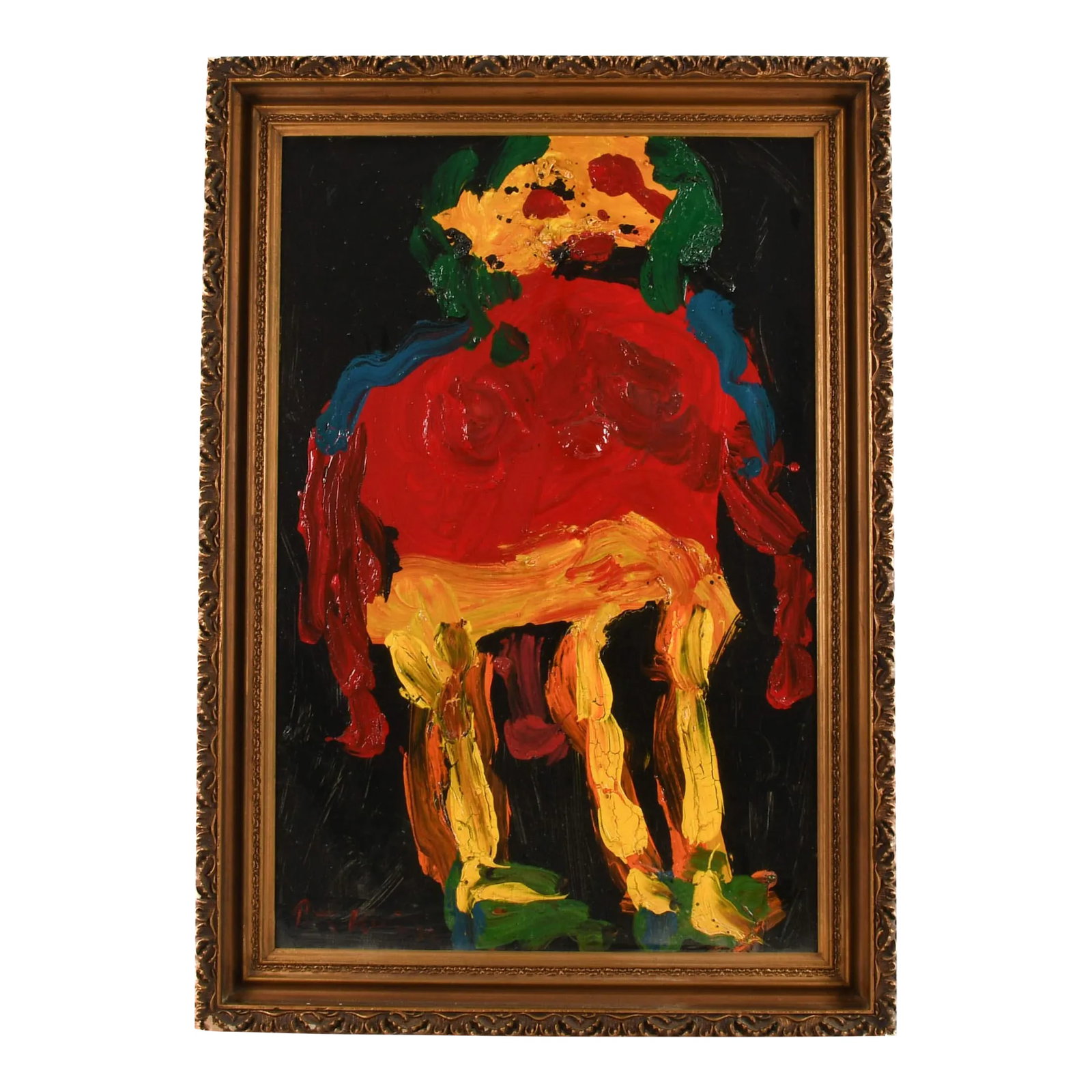 1970s Framed Signed Peter Keil "Dancing Lady on Broadway" Mix Media on Masonite: Framed in ornate contrast, Peter Keil's "Dancing Lady on Broadway" ignites the eye with a visceral rush of movement and emotion. Keil builds his figure with thick, expressive strokes of scarlet,
