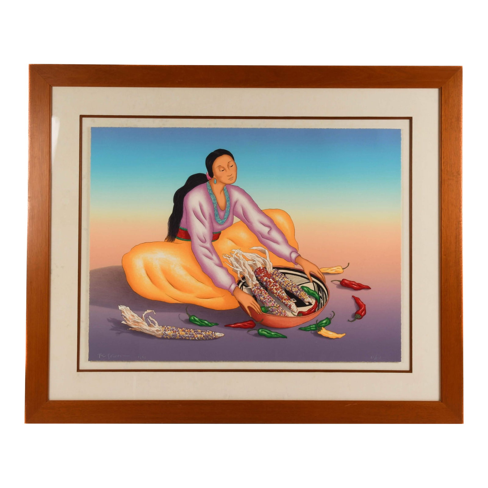 Framed Signed R C Gorman Limited-Edition 60/150 Lithograph "Maize Azul": R.C. Gorman's "Maize Azul" (edition 60/150) is a radiant celebration of life, tradition, and nourishment. In this signed limited-edition lithograph, a Navajo woman gently gathers a bounty of colorful 