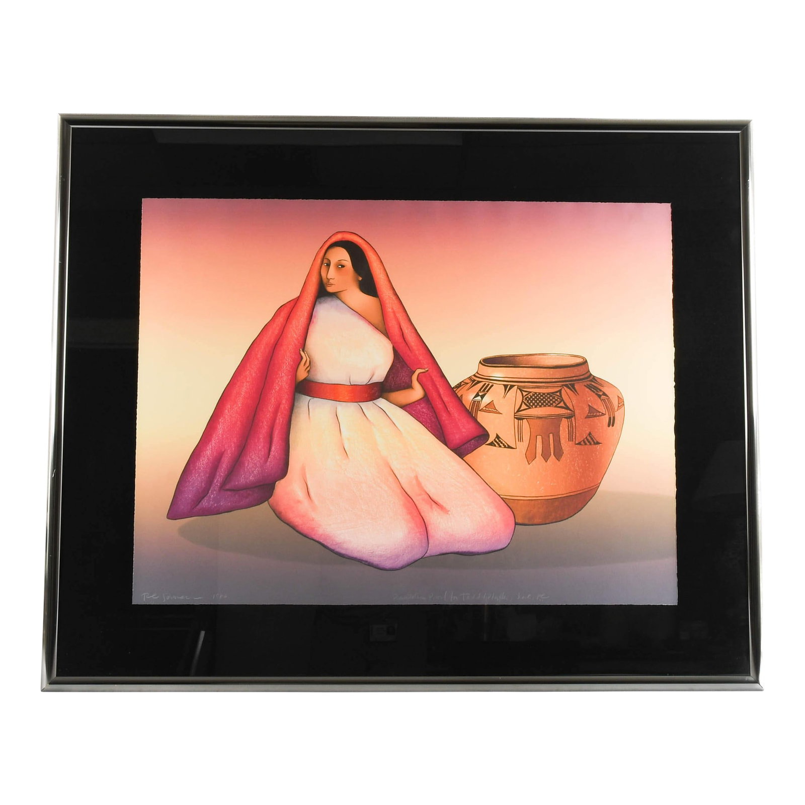 1980s Framed Signed R C Gorman Lithograph "Harvest Jar": R.C. Gorman's "Harvest Jar" is a radiant homage to tradition, femininity, and the quiet strength of cultural continuity. This signed lithograph, beautifully framed, depicts a poised Navajo woman