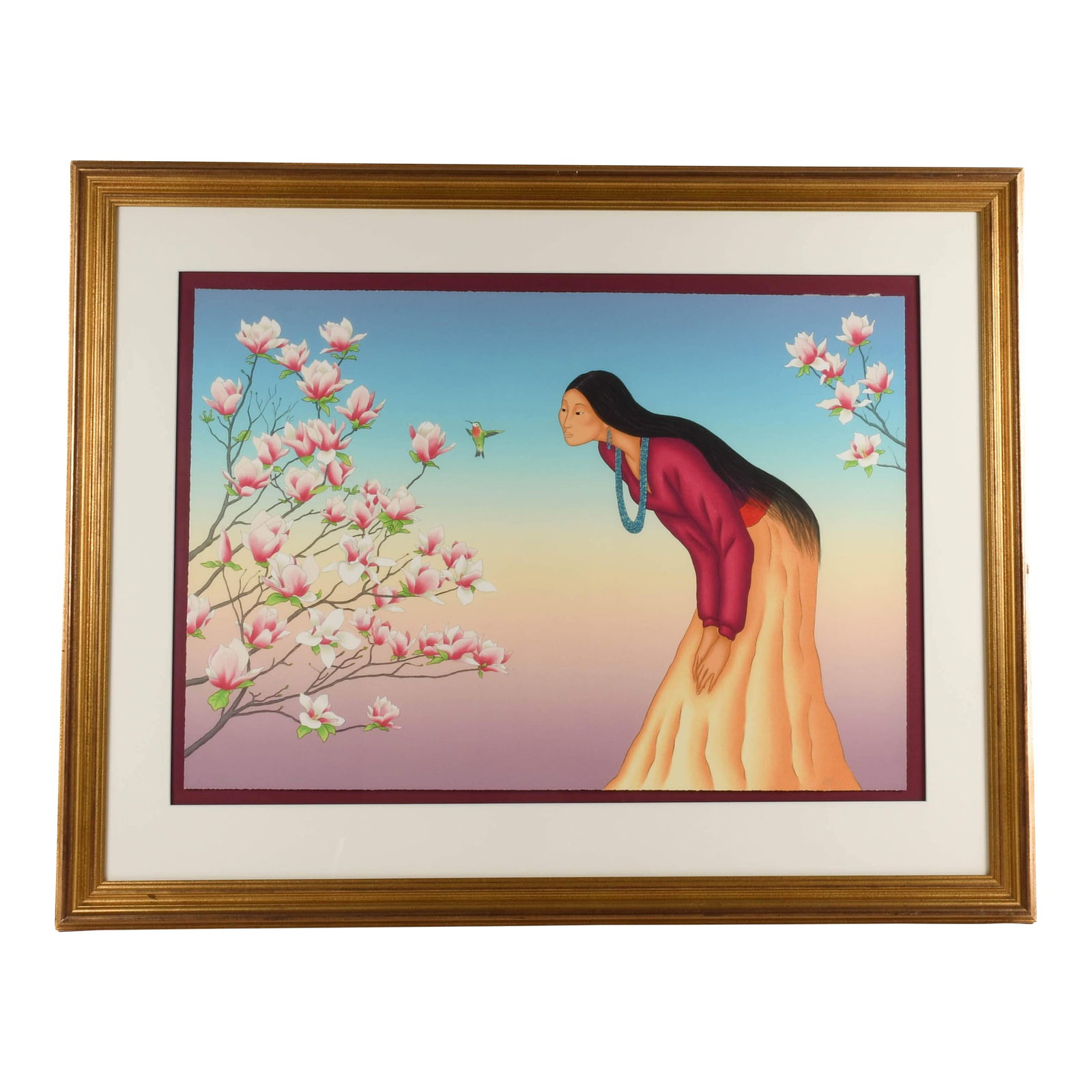 Framed Signed R C Gorman Limited-Edition 54/150 Lithograph "Tulip Tree": R.C. Gorman's limited-edition lithograph "Tulip Tree" (54/150) is a luminous celebration of grace, nature, and stillness. Framed and signed, the piece features a poised Navajo woman leaning toward a