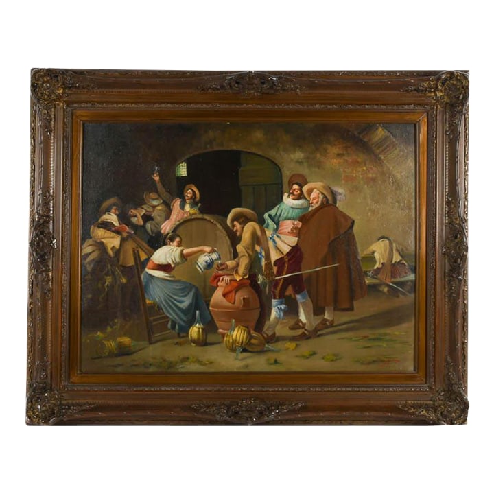 Early 20th Century Framed Signed "Le Repas Des Mousquetaires" After Francesco Tito on Canvas: Brimming with theatrical charm and period detail, Le Repas des Mousquetaires presents a spirited tavern scene filled with camaraderie, revelry, and the swagger of musketeers. Inspired by the original 