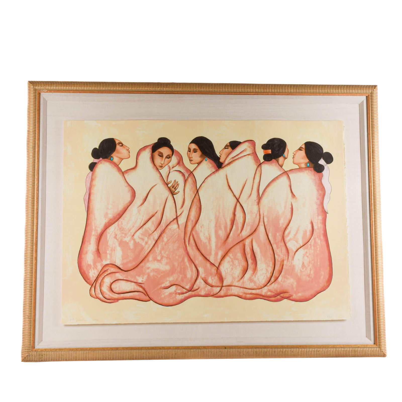 1950s Framed Signed R C Gorman Limited-Edition Lithograph "Dinetah": Graceful, fluid, and deeply rooted in cultural reverence, Dinetah is a limited-edition lithograph by celebrated Navajo artist R.C. Gorman. Depicting a circle of Navajo women wrapped in soft, rose-hued