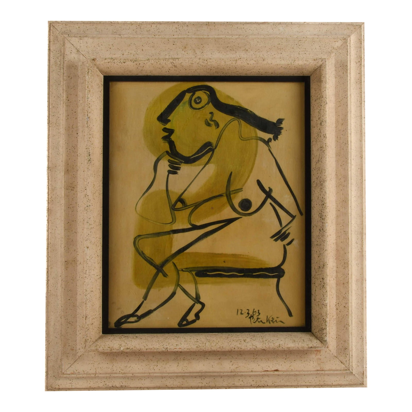 Framed Signed Peter Keil "Woman Sitting in a Chair 1963" Mix Media: Peter Keil's "Woman Sitting in a Chair 1963" is a masterclass in gesture and spontaneity. Executed in mixed media and framed with deliberate simplicity, this signed work distills the essence of the